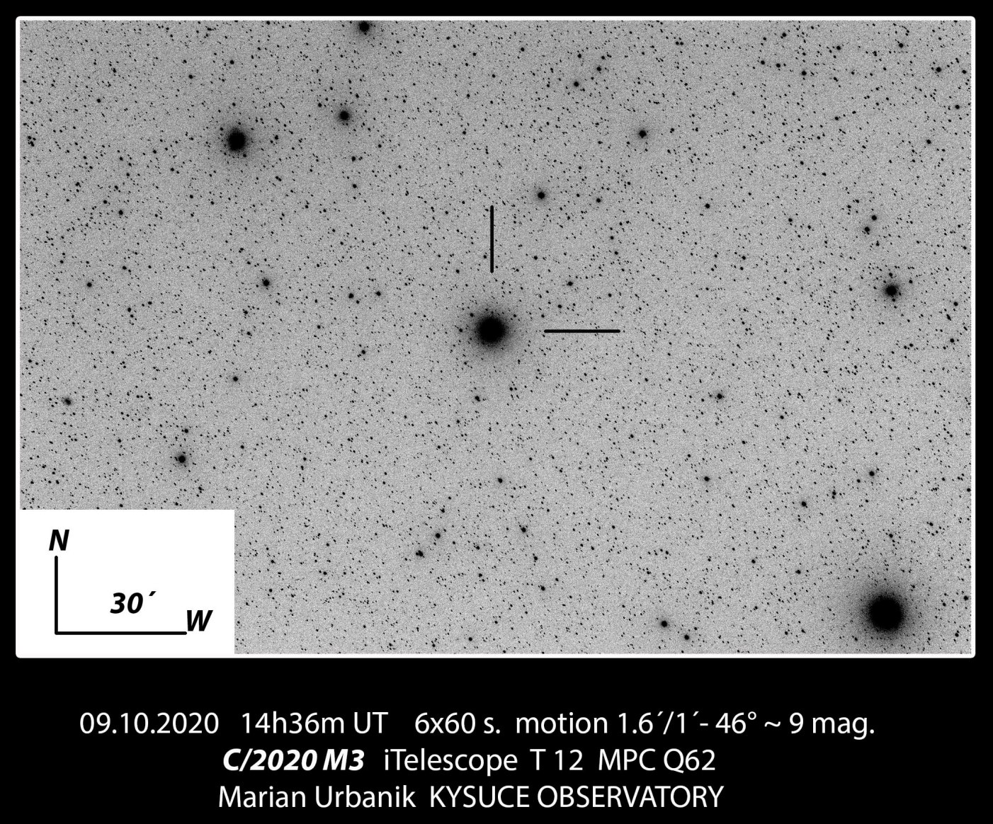 Kométa C/2020 M3 (ATLAS) z 9. 10. 2020. Autor: M. Urbaník, Krajská hvezdáreň v Žiline